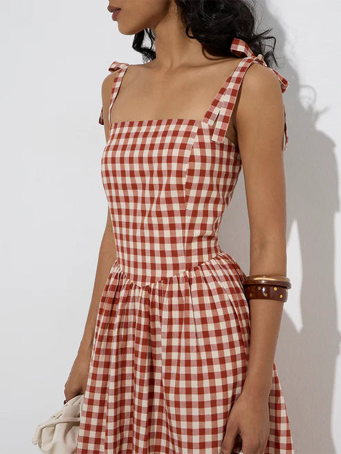 Women’s Rust A-Line Dress with Gingham Checks and Flared Bottom Hem