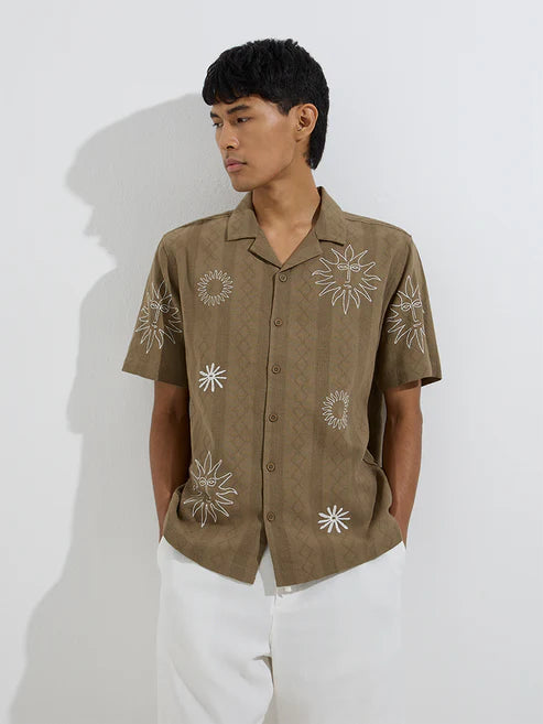 Trendy Men’s Olive Cotton Shirt with Subtle Embroidered Detailing and Relaxed Fit