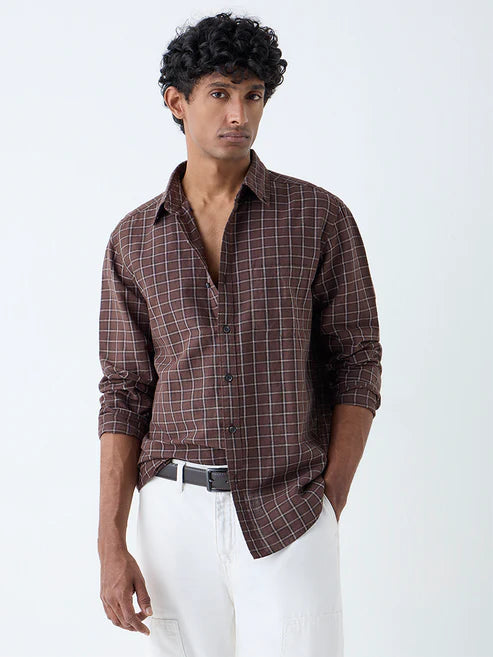 Stylish Brown Checkered Cotton Blend Shirt for Men with Relaxed Fit and Full Sleeve Design