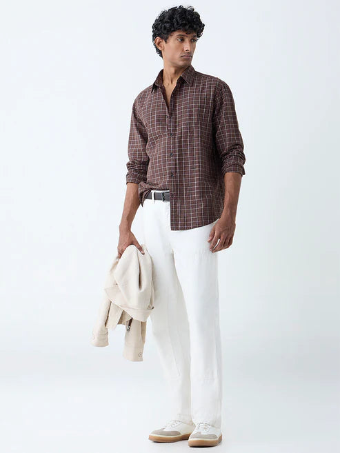 Stylish Brown Checkered Cotton Blend Shirt for Men with Relaxed Fit and Full Sleeve Design