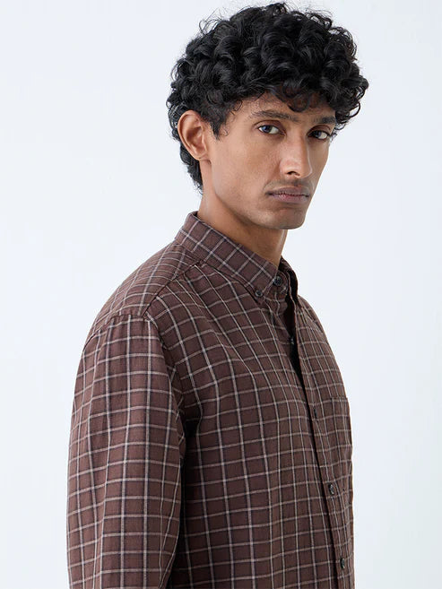 Stylish Brown Checkered Cotton Blend Shirt for Men with Relaxed Fit and Full Sleeve Design