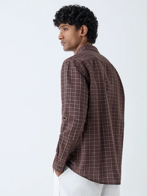 Stylish Brown Checkered Cotton Blend Shirt for Men with Relaxed Fit and Full Sleeve Design