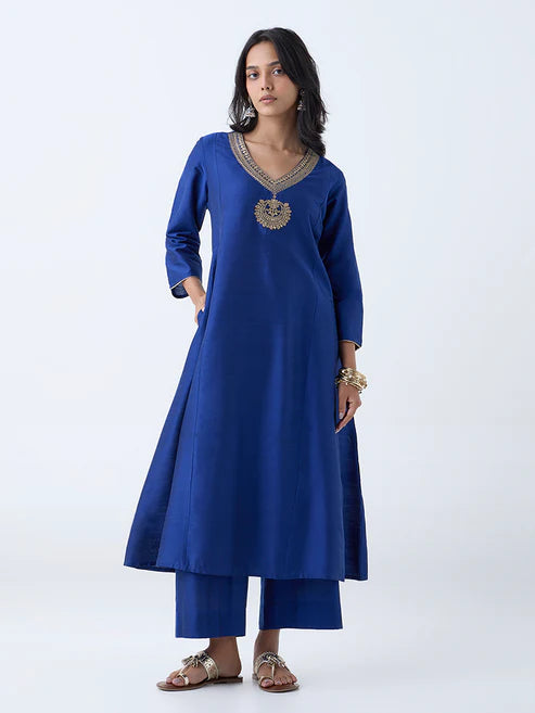 Blue A Line Kurta with Zari Embroidery Elegant Outfit for Women Perfect for Cultural Events and Parties