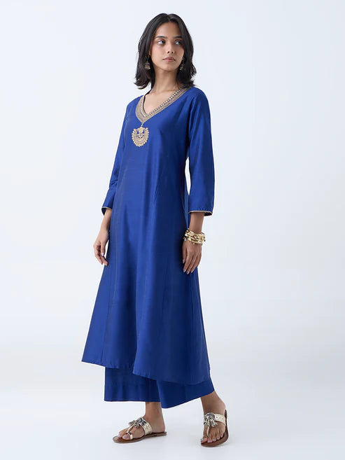 Blue A Line Kurta with Zari Embroidery Elegant Outfit for Women Perfect for Cultural Events and Parties