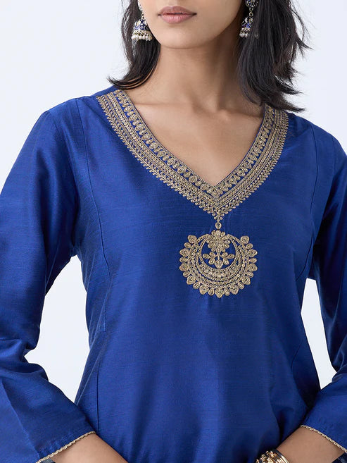 Blue A Line Kurta with Zari Embroidery Elegant Outfit for Women Perfect for Cultural Events and Parties