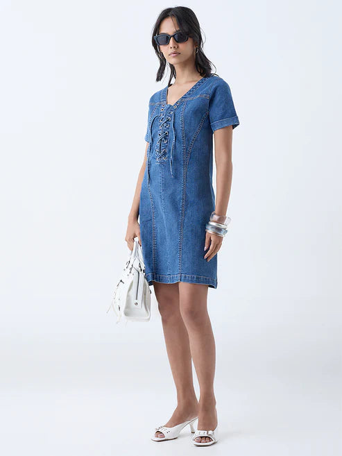 Blue Denim A-Line Dress for Women with Trendy Criss-Cross Styling