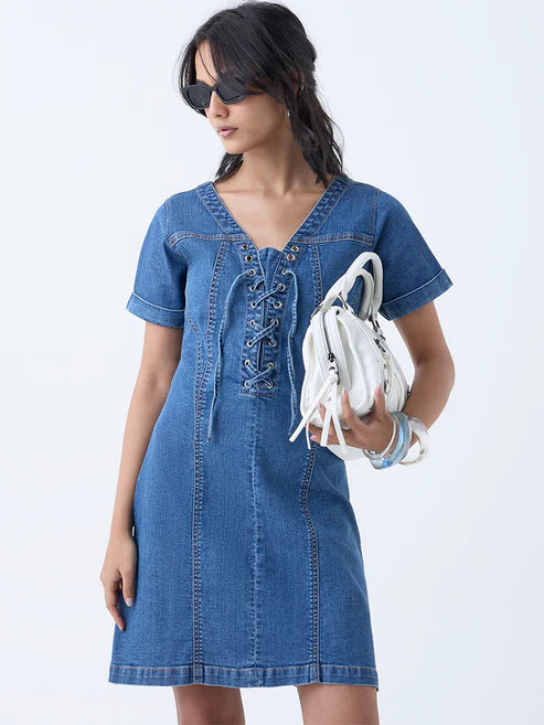 Blue Denim A-Line Dress for Women with Trendy Criss-Cross Styling