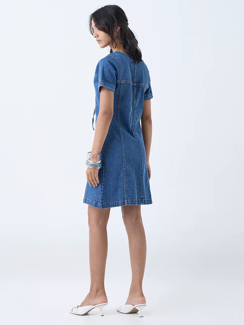 Blue Denim A-Line Dress for Women with Trendy Criss-Cross Styling