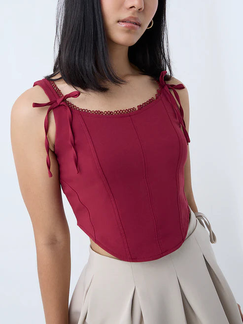 Sophisticated Women’s Burgundy Corset-Style Top with Square Neck and Fitted Silhouette