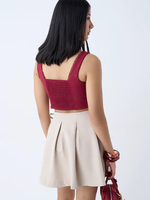 Sophisticated Women’s Burgundy Corset-Style Top with Square Neck and Fitted Silhouette