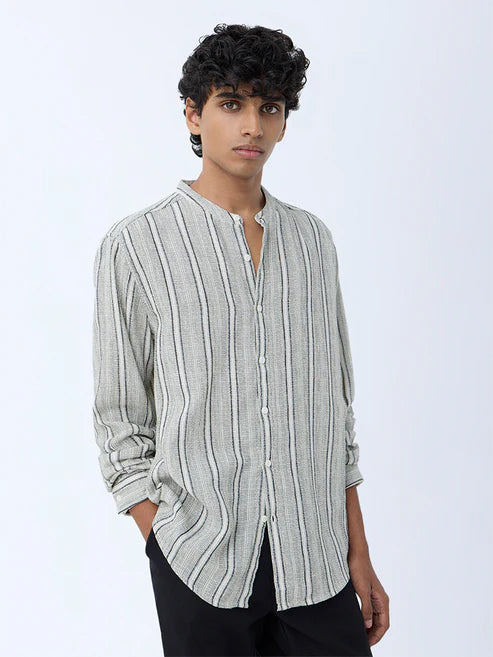 Premium Quality Sage Cotton Shirt for Men with Relaxed Fit and Sophisticated Stripes
