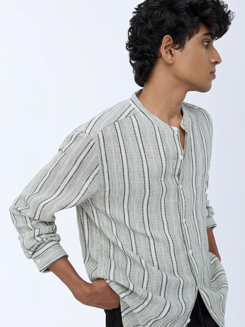 Premium Quality Sage Cotton Shirt for Men with Relaxed Fit and Sophisticated Stripes