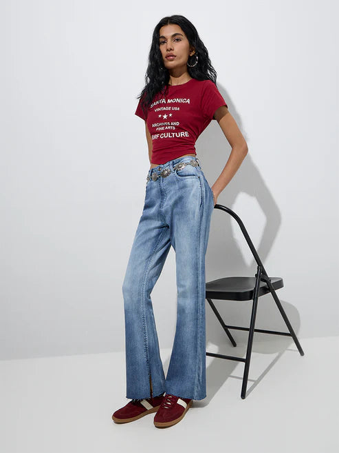 Casual Women’s Blue Faded Bootcut Mid Rise Jeans Trendy and Perfect for Street Fashion