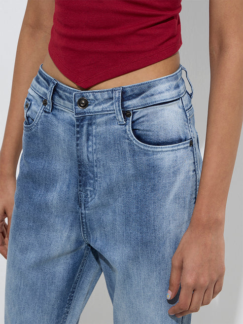 Casual Women’s Blue Faded Bootcut Mid Rise Jeans Trendy and Perfect for Street Fashion