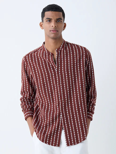 Trendy Men’s Brown Embroidered Cotton Shirt with Casual Resort Style