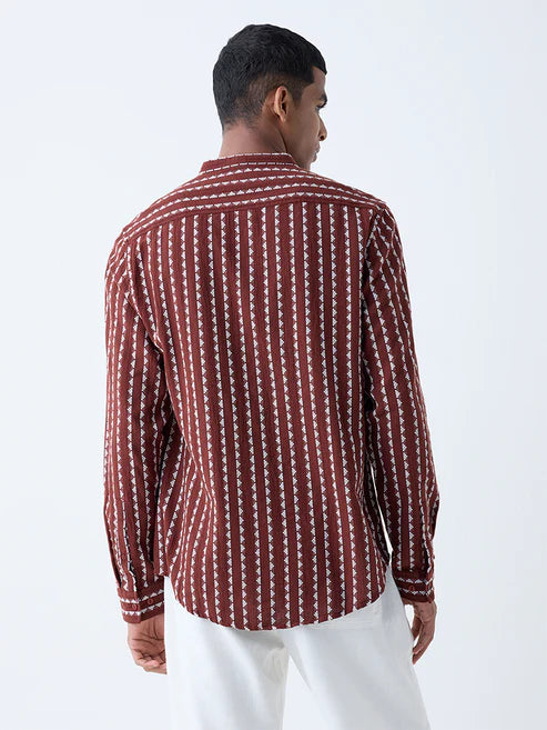 Trendy Men’s Brown Embroidered Cotton Shirt with Casual Resort Style