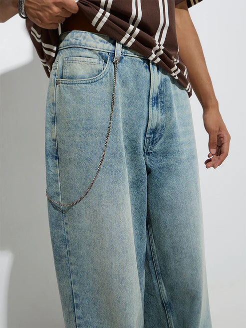 Loose Fit Light Blue Washed Jeans for Men with Barrel-Fit Design
