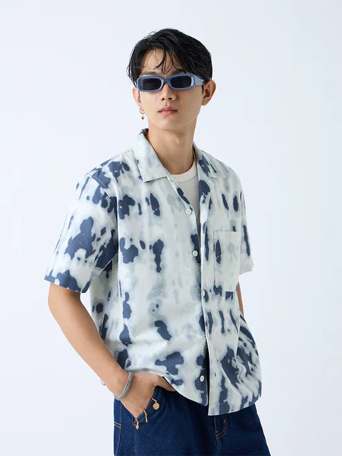 Lightweight Indigo Cotton Shirt with Relaxed Fit and Bold Abstract Prints for Men