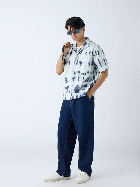 Lightweight Indigo Cotton Shirt with Relaxed Fit and Bold Abstract Prints for Men