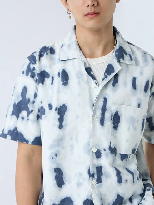 Lightweight Indigo Cotton Shirt with Relaxed Fit and Bold Abstract Prints for Men
