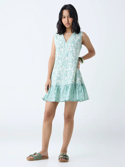Elegant Green Floral Printed Cotton Drop Waist Dress Perfect for Summer Outings