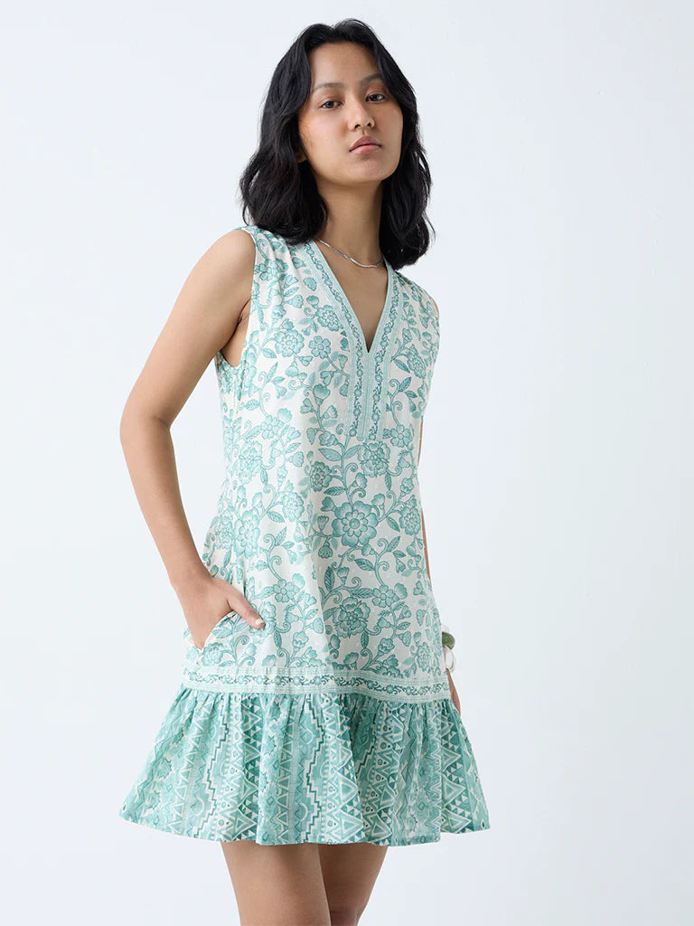 Elegant Green Floral Printed Cotton Drop Waist Dress Perfect for Summer Outings