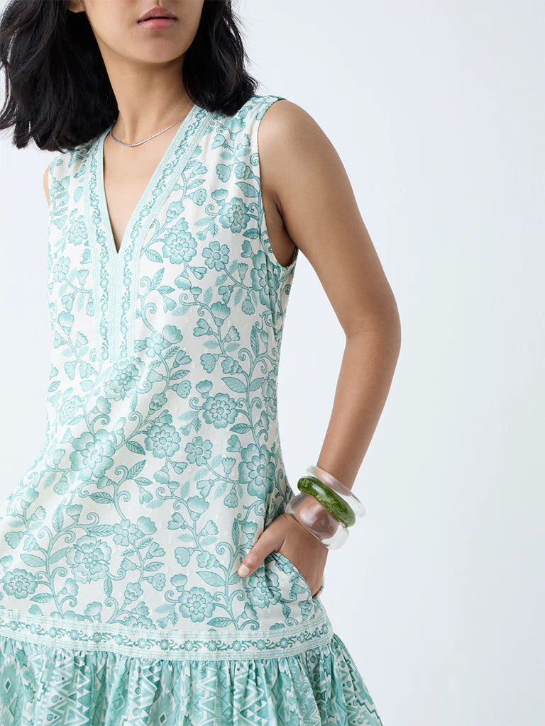 Elegant Green Floral Printed Cotton Drop Waist Dress Perfect for Summer Outings