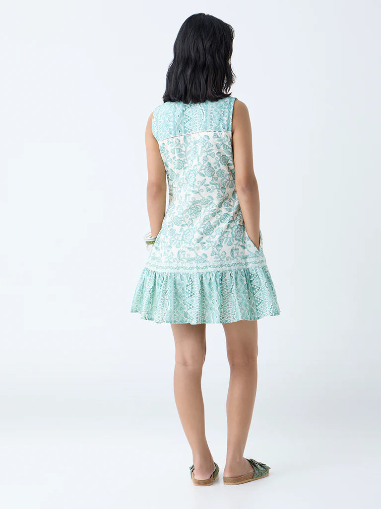 Elegant Green Floral Printed Cotton Drop Waist Dress Perfect for Summer Outings