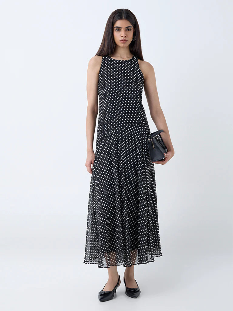 Women’s Black Drop-Waist Dress with Polka Dots