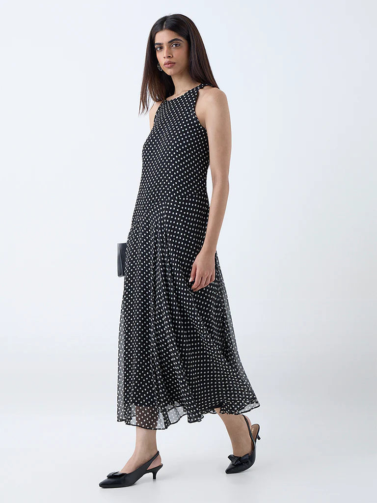 Women’s Black Drop-Waist Dress with Polka Dots