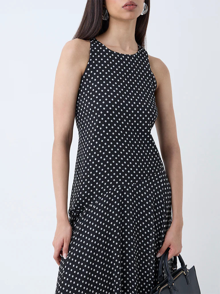 Women’s Black Drop-Waist Dress with Polka Dots