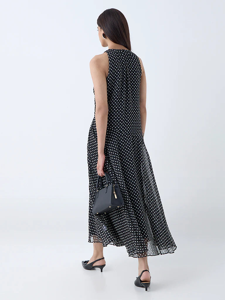 Women’s Black Drop-Waist Dress with Polka Dots