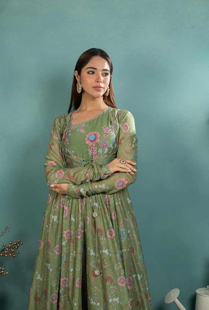 Festive Dark Green Mughal Koti Anarkali Outfit with Intricate Embroidery, Full Flared Hem, and Regal Ethnic Look for Celebrations