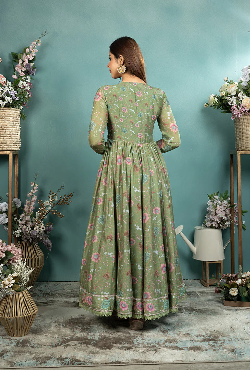Festive Dark Green Mughal Koti Anarkali Outfit with Intricate Embroidery, Full Flared Hem, and Regal Ethnic Look for Celebrations