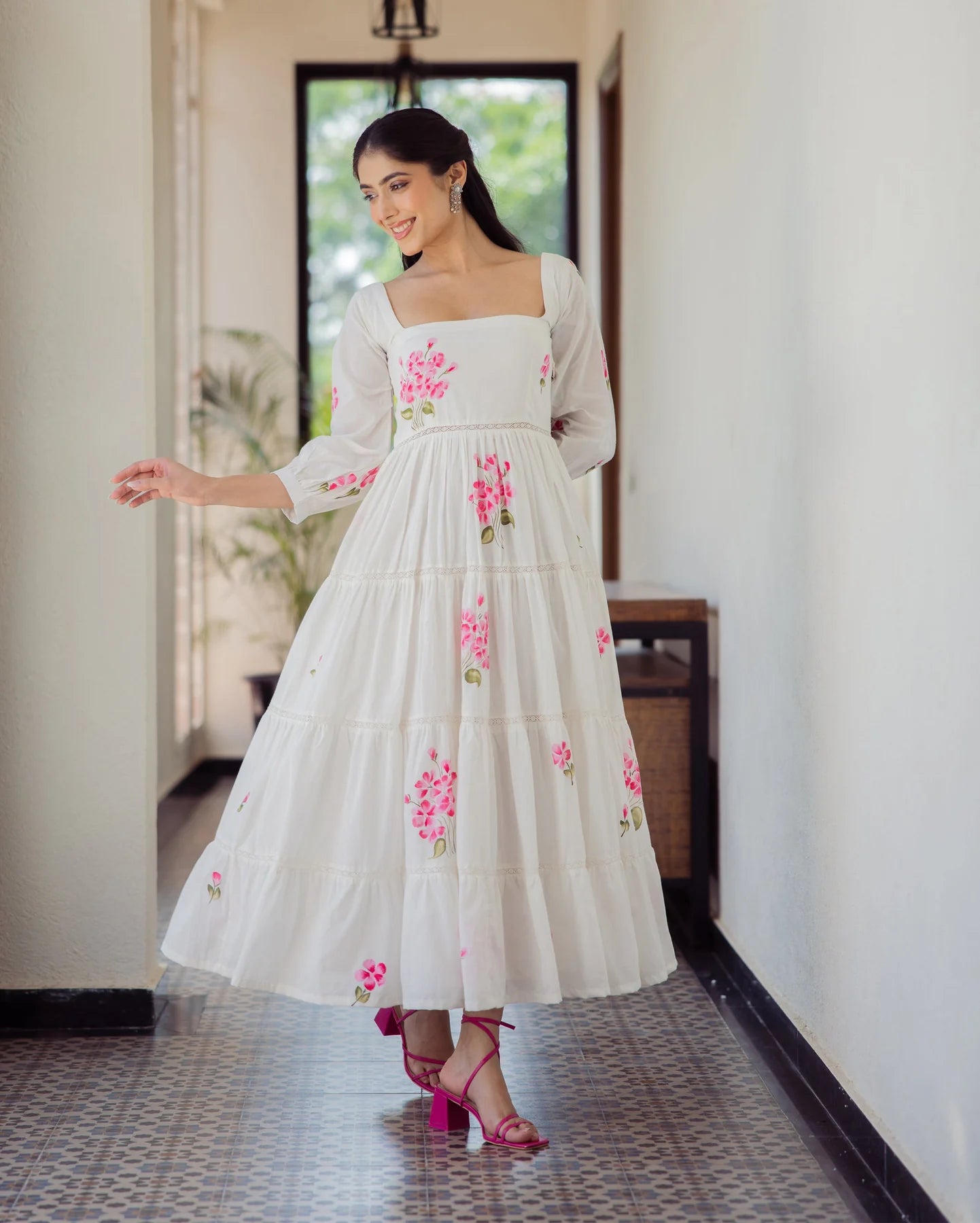 Elegant White Handpainted Cotton Dress with Soft Fabric and Flowing Hemline