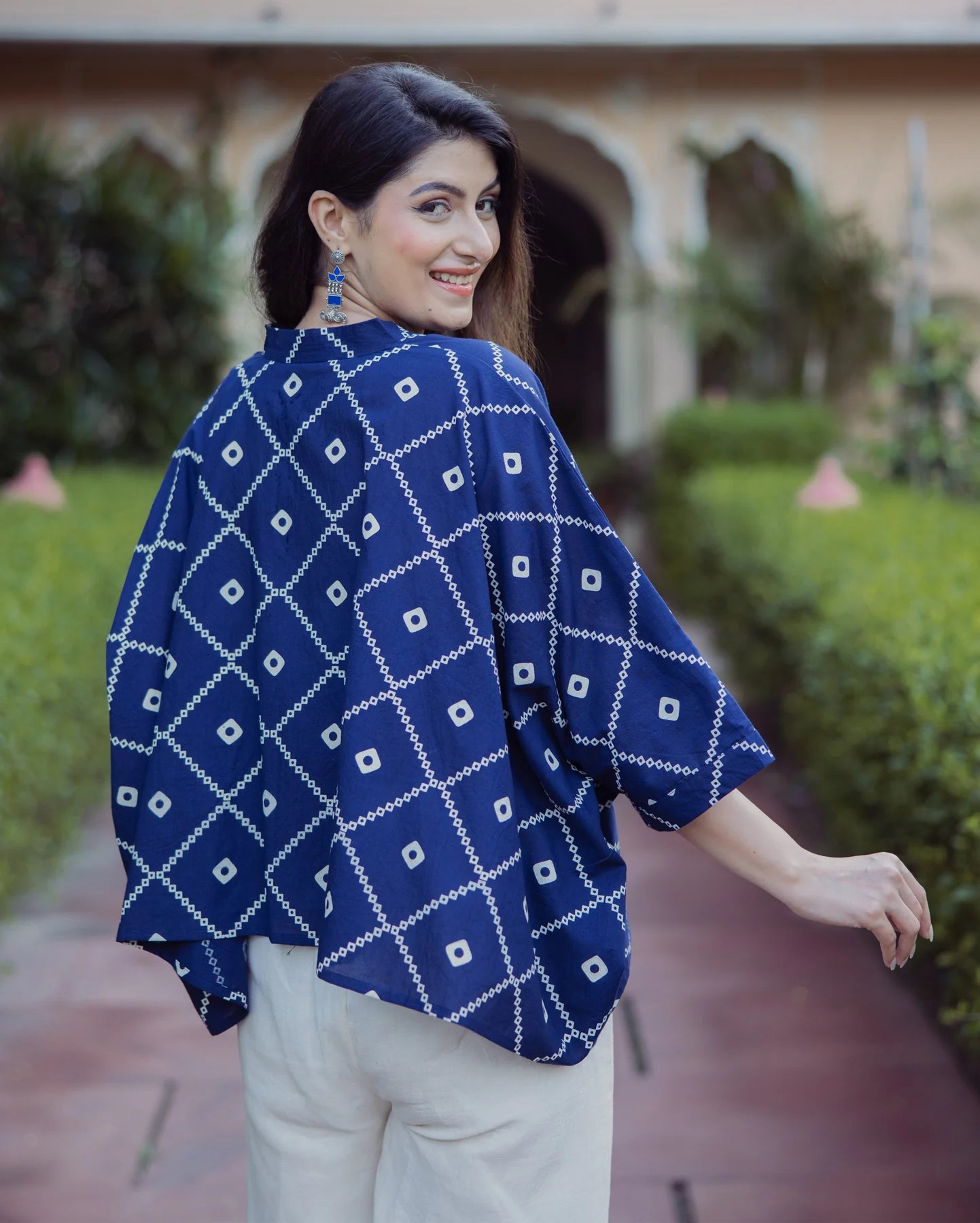 Fashionable Blue Bandhani Cotton Top for Casual Outfits