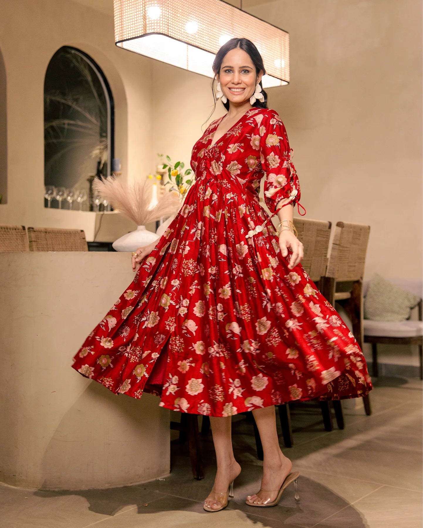 Lightweight Red Muslin Printed Dress with Flattering Fit and Modern Appeal