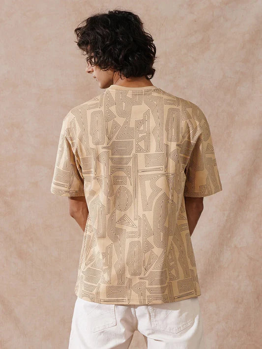 Soft Cotton Men’s T-Shirt Oversized Beige All-Over Print
