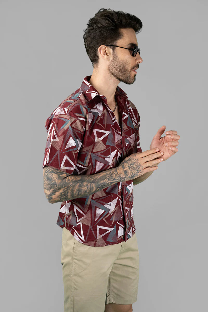 Bold Maroon Geometric Print Men’s Casual Funky Shirt Comfortable and Breathable for Daily Wear