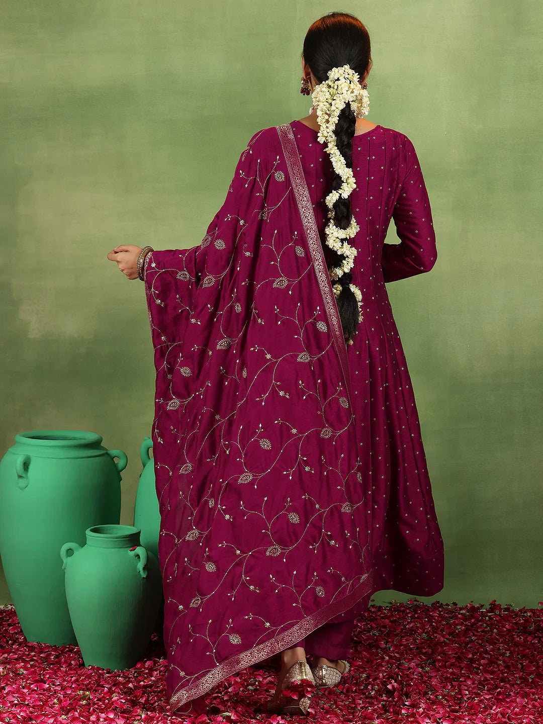 Maroon Silk Blend Anarkali Ensemble with Detailed Embroidery and Flowing Dupatta