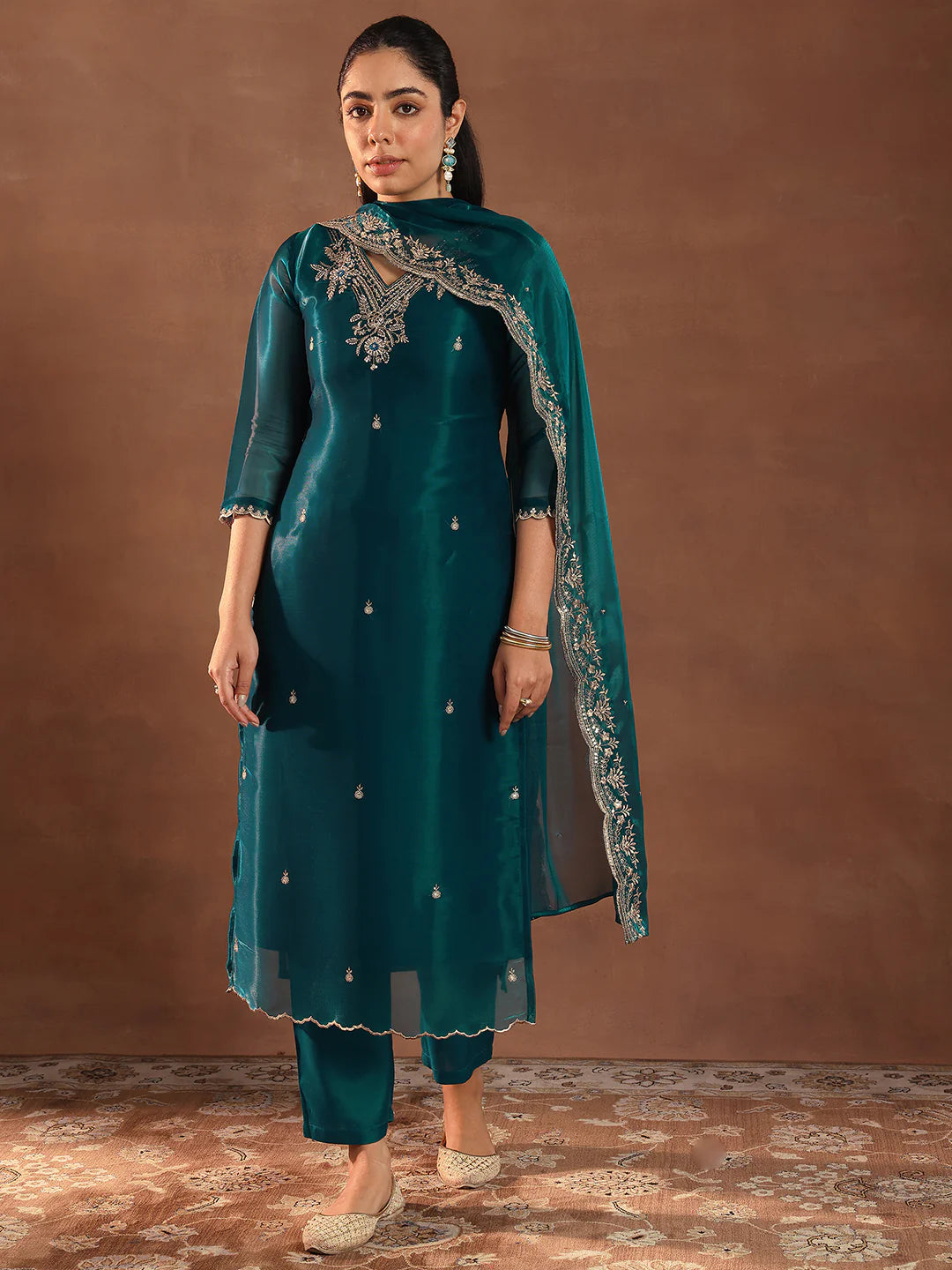 Women’s Teal Tissue Straight Suit with Yoke Design and Matching Dupatta for Festive Wear