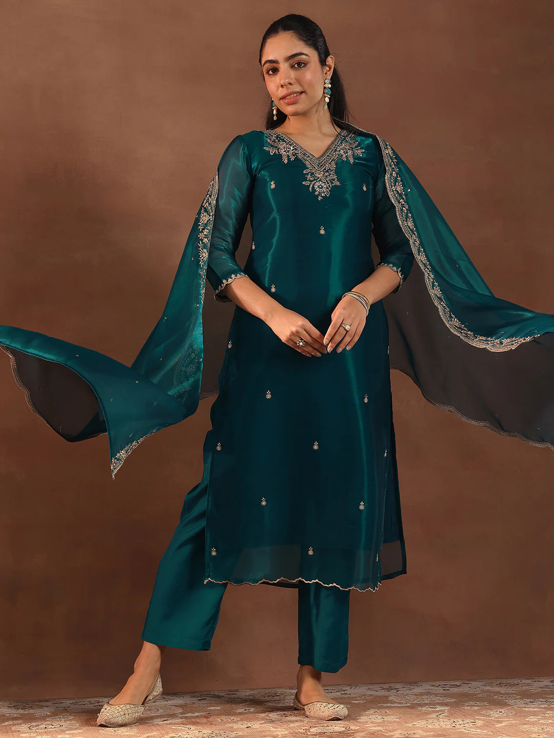Women’s Teal Tissue Straight Suit with Yoke Design and Matching Dupatta for Festive Wear