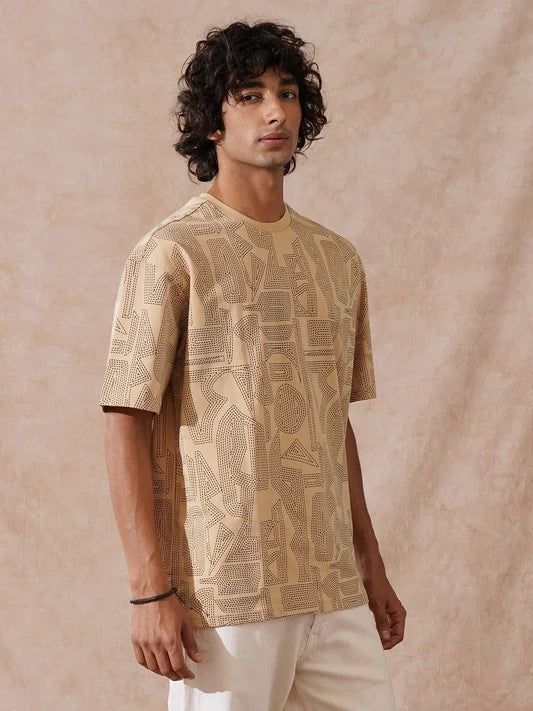 Soft Cotton Men’s T-Shirt Oversized Beige All-Over Print