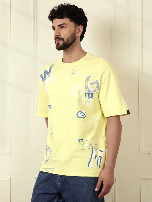 Stylish Lime Green Cotton T-Shirt for Men with Placement Print and Short Sleeves