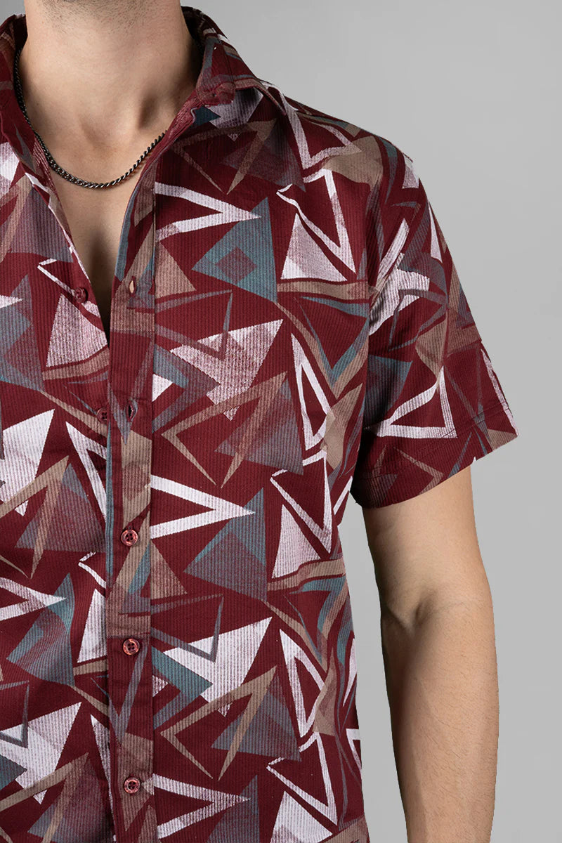 Bold Maroon Geometric Print Men’s Casual Funky Shirt Comfortable and Breathable for Daily Wear