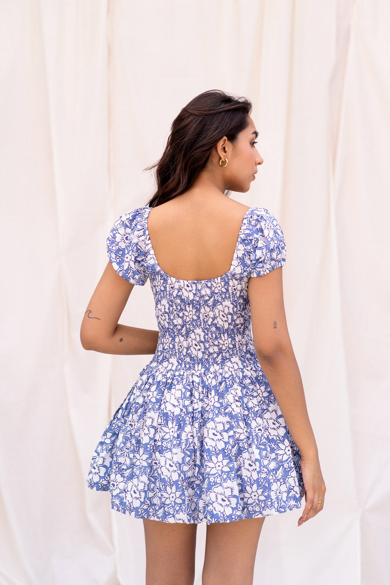 Lightweight Blue Floral Skort Dress with Piping Design Relaxed Fit for Women