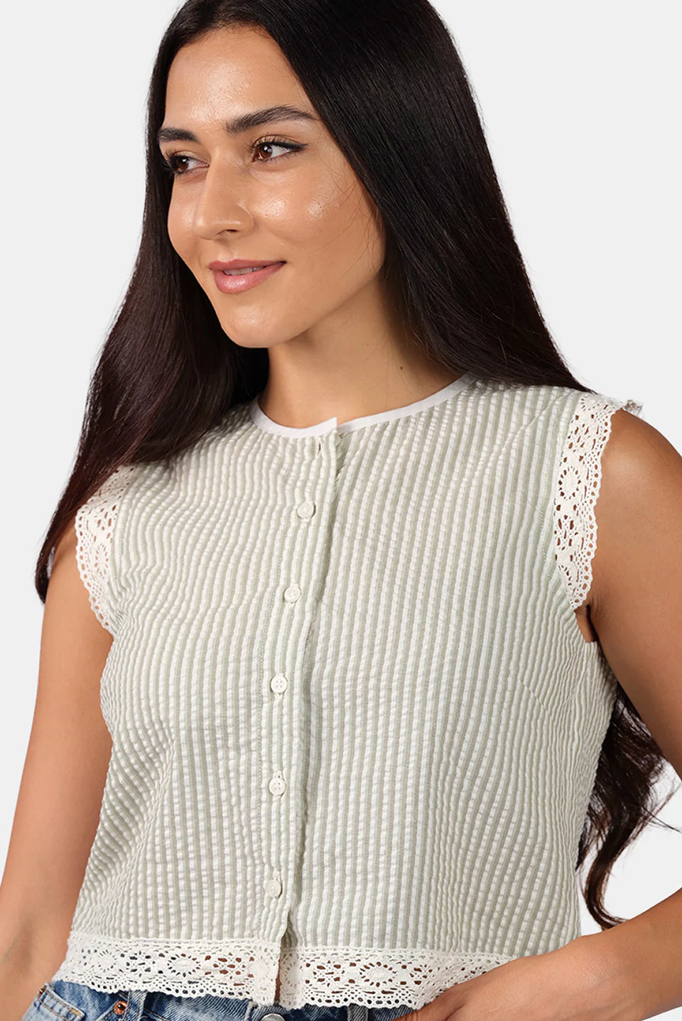 Soft Cotton Lace Top with Crew Neck for Daily Wear
