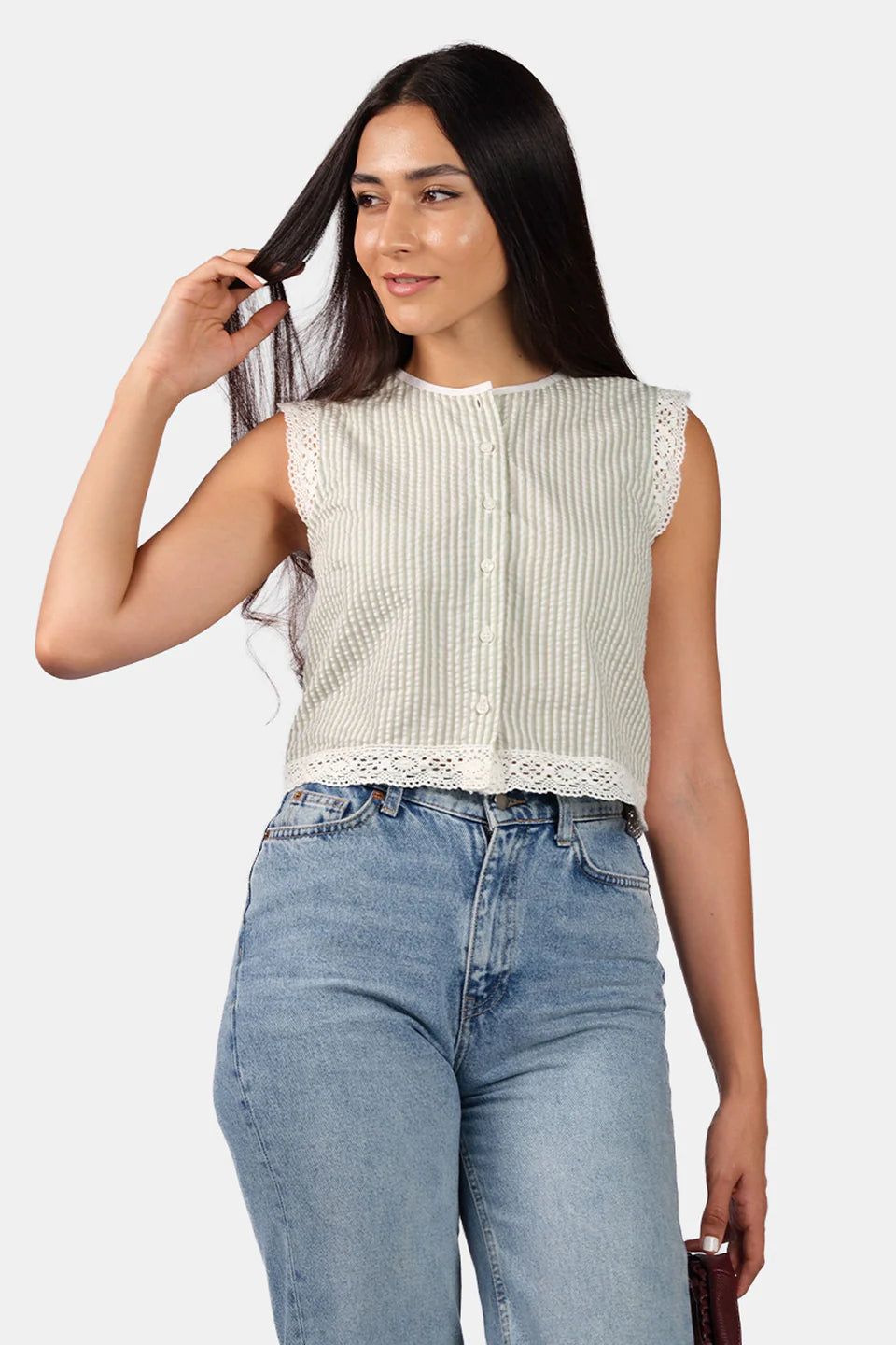Soft Cotton Lace Top with Crew Neck for Daily Wear