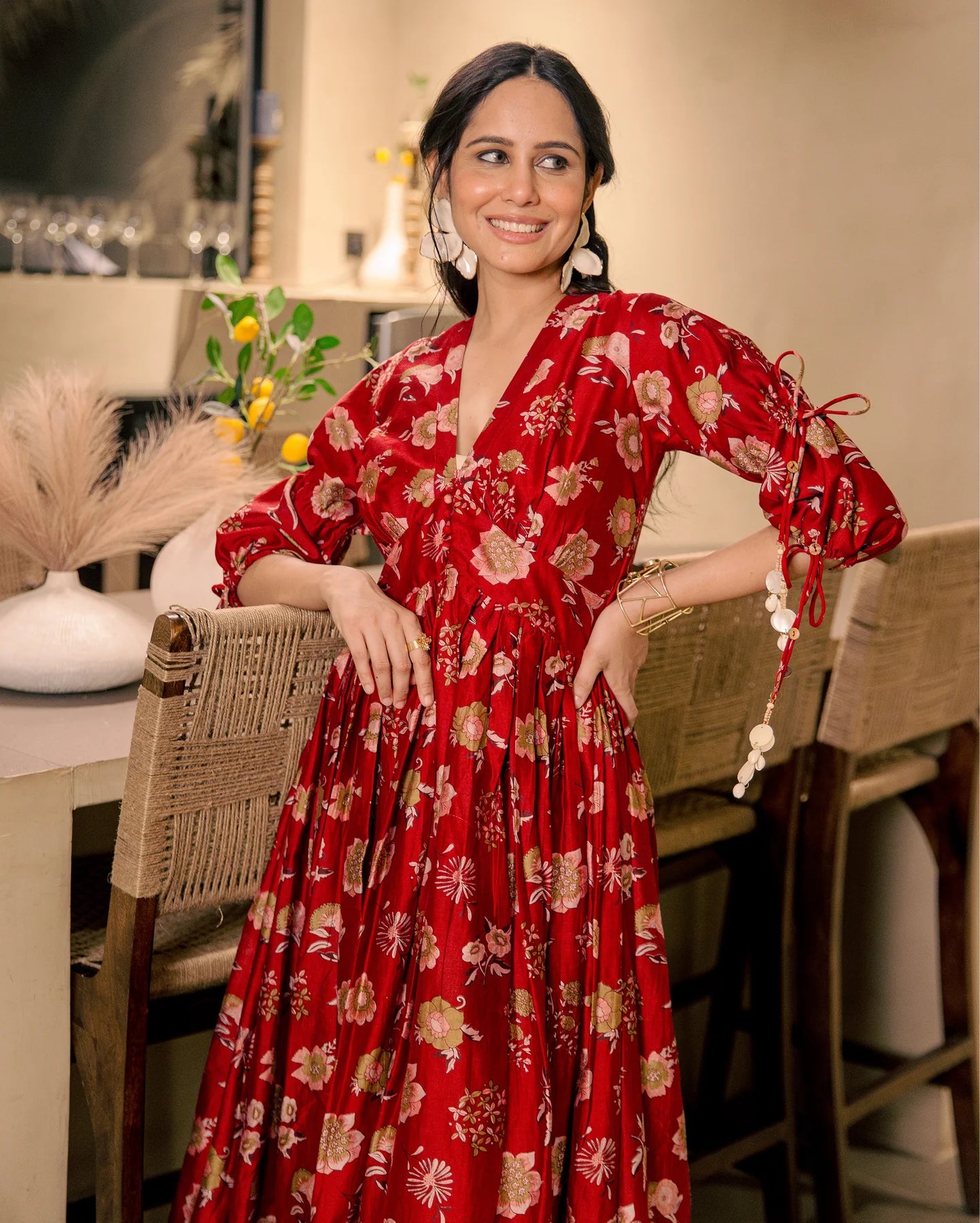 Lightweight Red Muslin Printed Dress with Flattering Fit and Modern Appeal