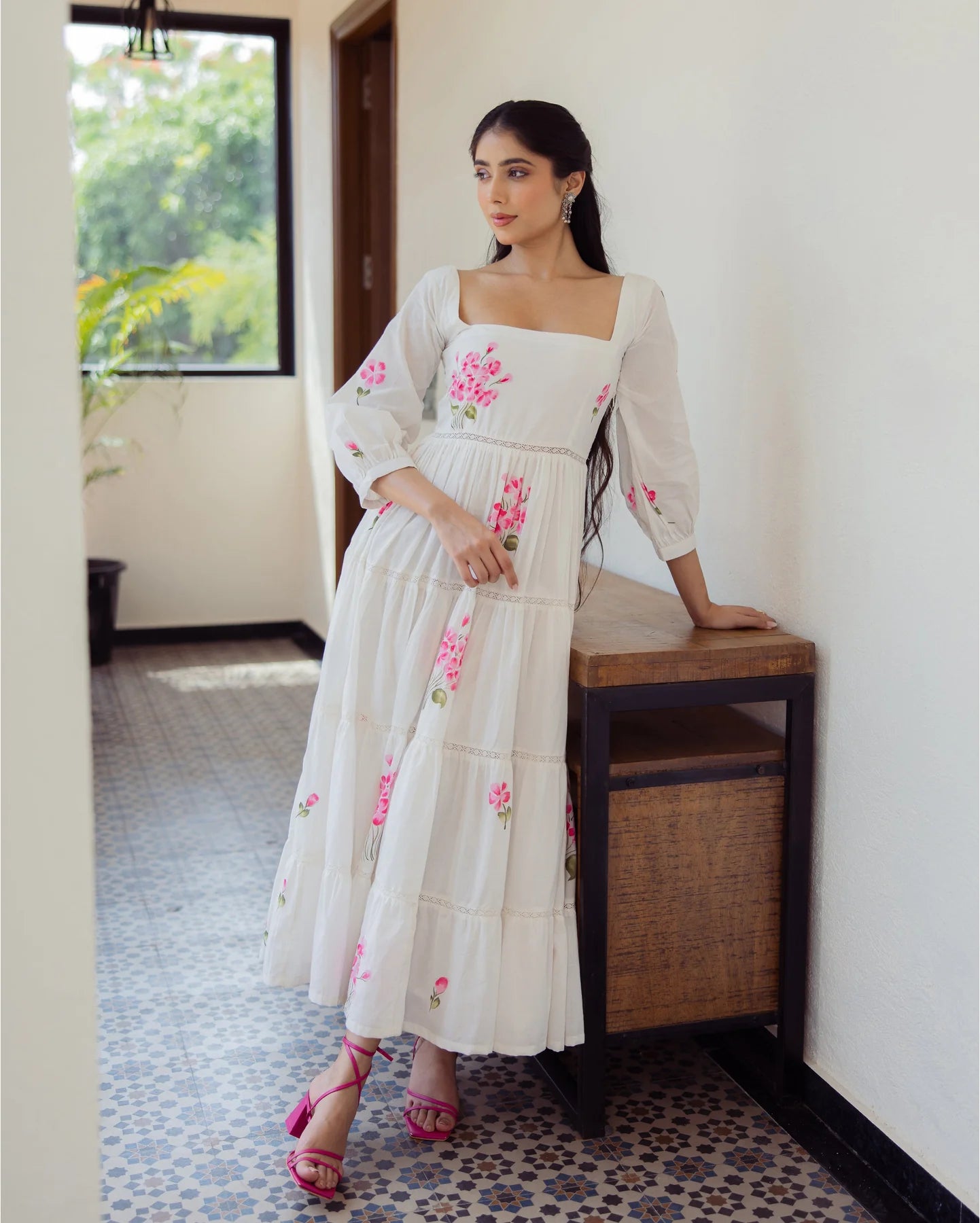 Elegant White Handpainted Cotton Dress with Soft Fabric and Flowing Hemline